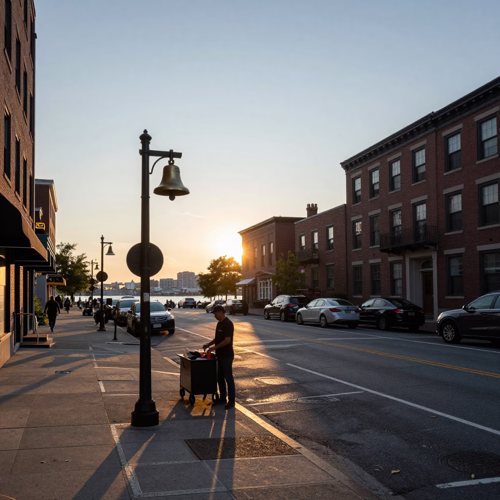 Boston Harbor Sunset Street Scene with Brass Bell and Busy Traffic in in Boston, Massachusetts, United States
