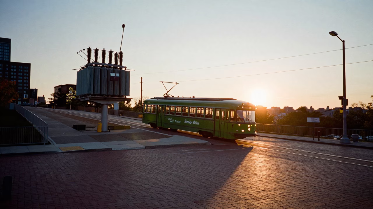 Boston Harbor Sunset Tram Crossing Hill with Substation Transformer and Marshland in in Boston, Massachusetts, United States