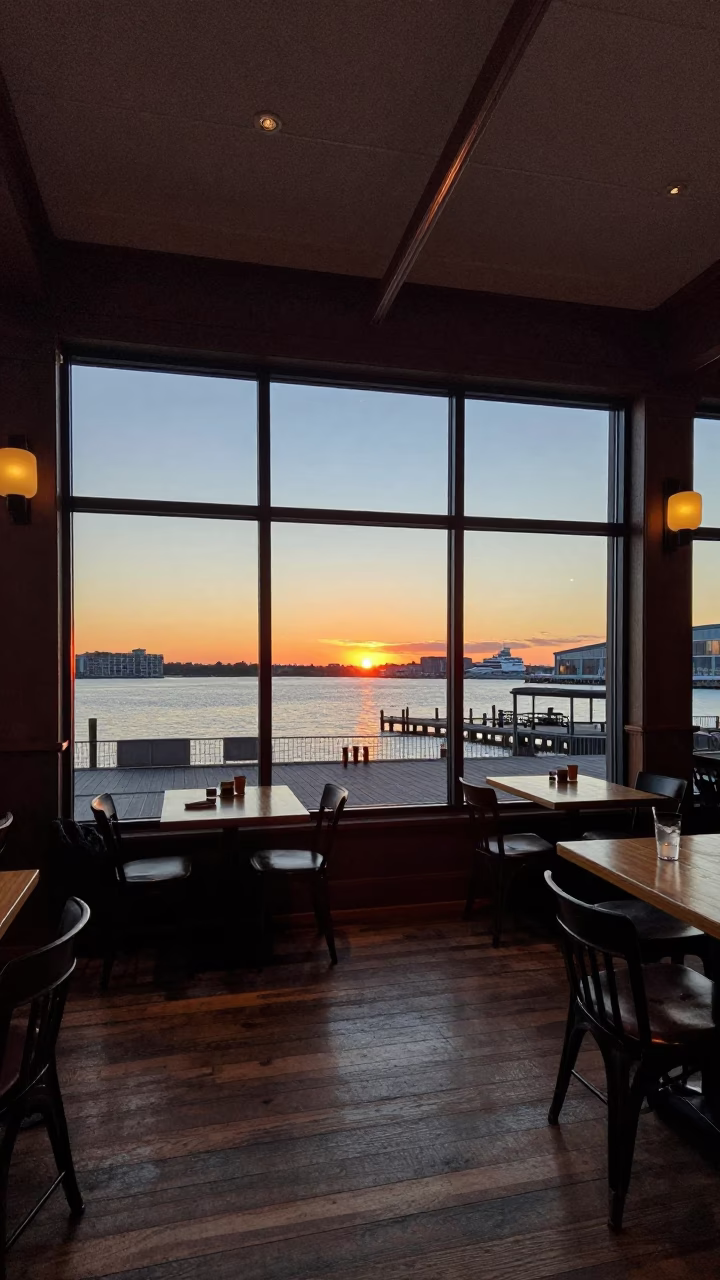 Boston Harbor Sunset View from Historic Dockside Restaurant Interior with Wooden Furniture in in Boston, Massachusetts, United States