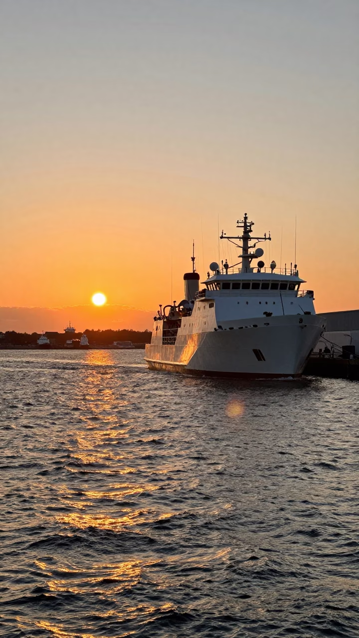 Boston Harbor Sunset View of Research Vessel Deploying Equipment Over Stern at Dusk in in Boston, Massachusetts, United States