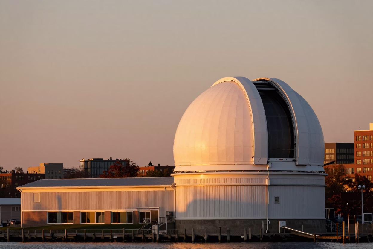 Boston Harbor Sunset View with Astronomy Dome and Urban Skyline at Dusk in in Boston, Massachusetts, United States