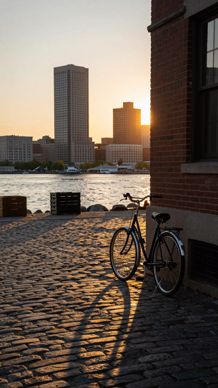 Boston Harbor Sunset View with Bicycle and Crate on Cobblestone Street in in Boston, Massachusetts, United States