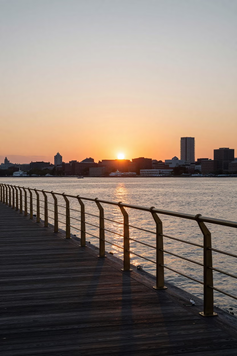Boston Harbor Sunset View with Polished Brass Railings and City Skyline in in Boston, Massachusetts, United States