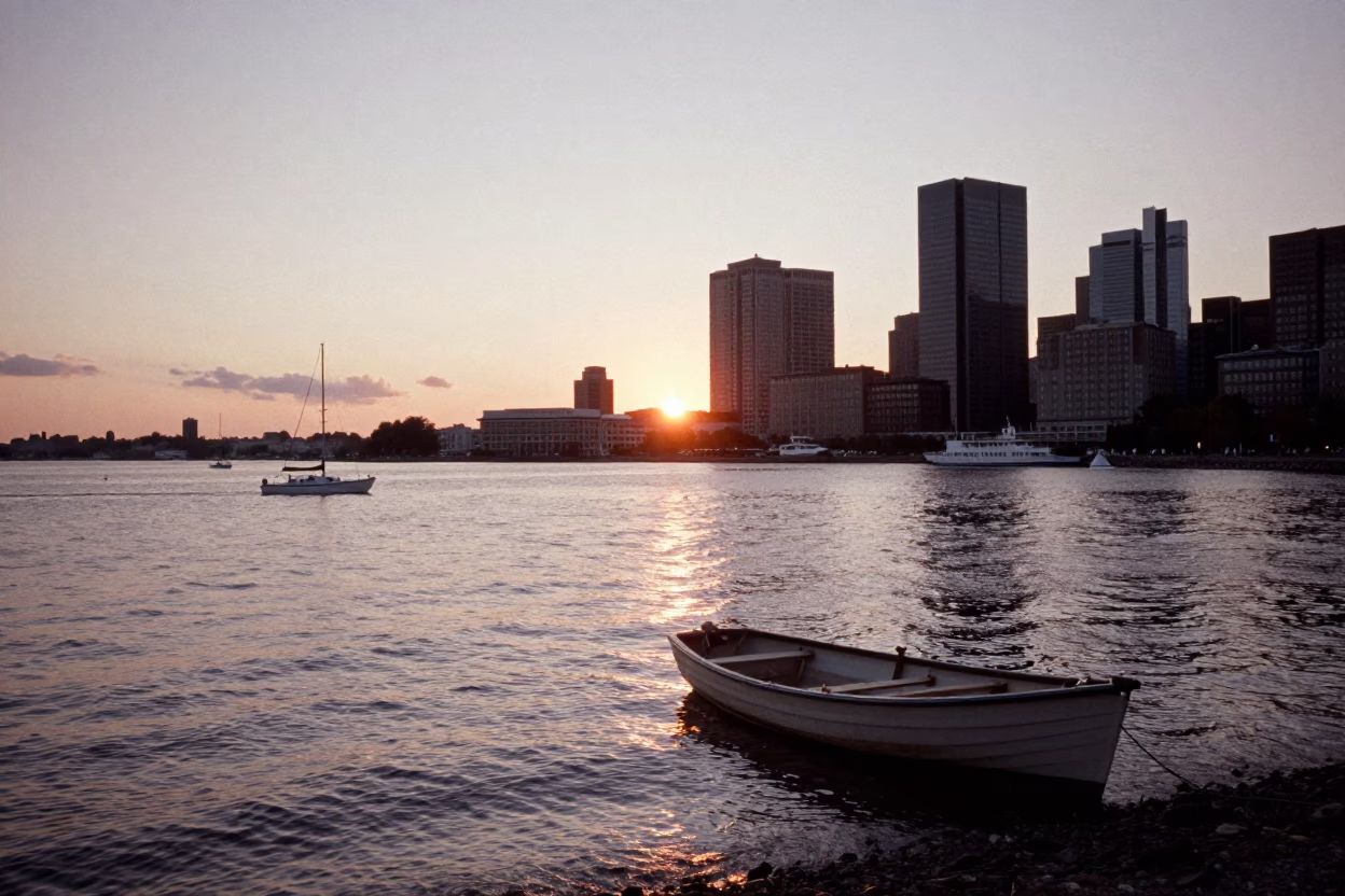 Boston Harbor Sunset View with Rowboat on Water and Weeping Willow in in Boston, Massachusetts, United States