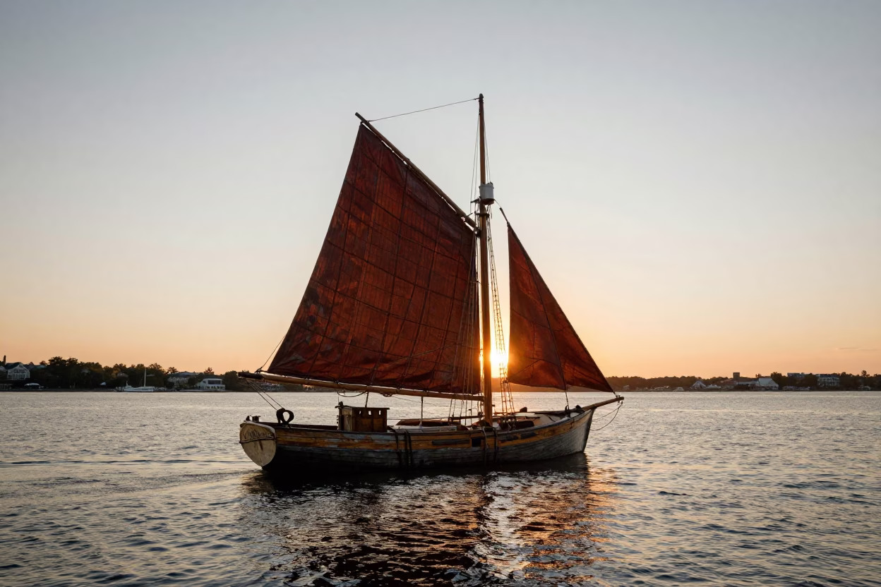 Boston Harbor Sunset View with Vintage Wooden Sailboat and Brick Waterfront Architecture in in Boston, Massachusetts, United States