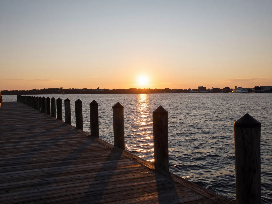 Boston Harbor sunset view with wooden dock pilings and calm water reflections in in Boston, Massachusetts, United States