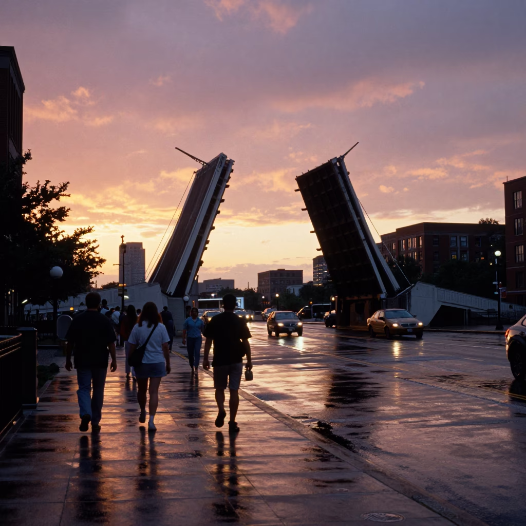 Boston Harbor Sunset with Lifting Drawbridge and Dark Tidal Channel in in Boston, Massachusetts, United States