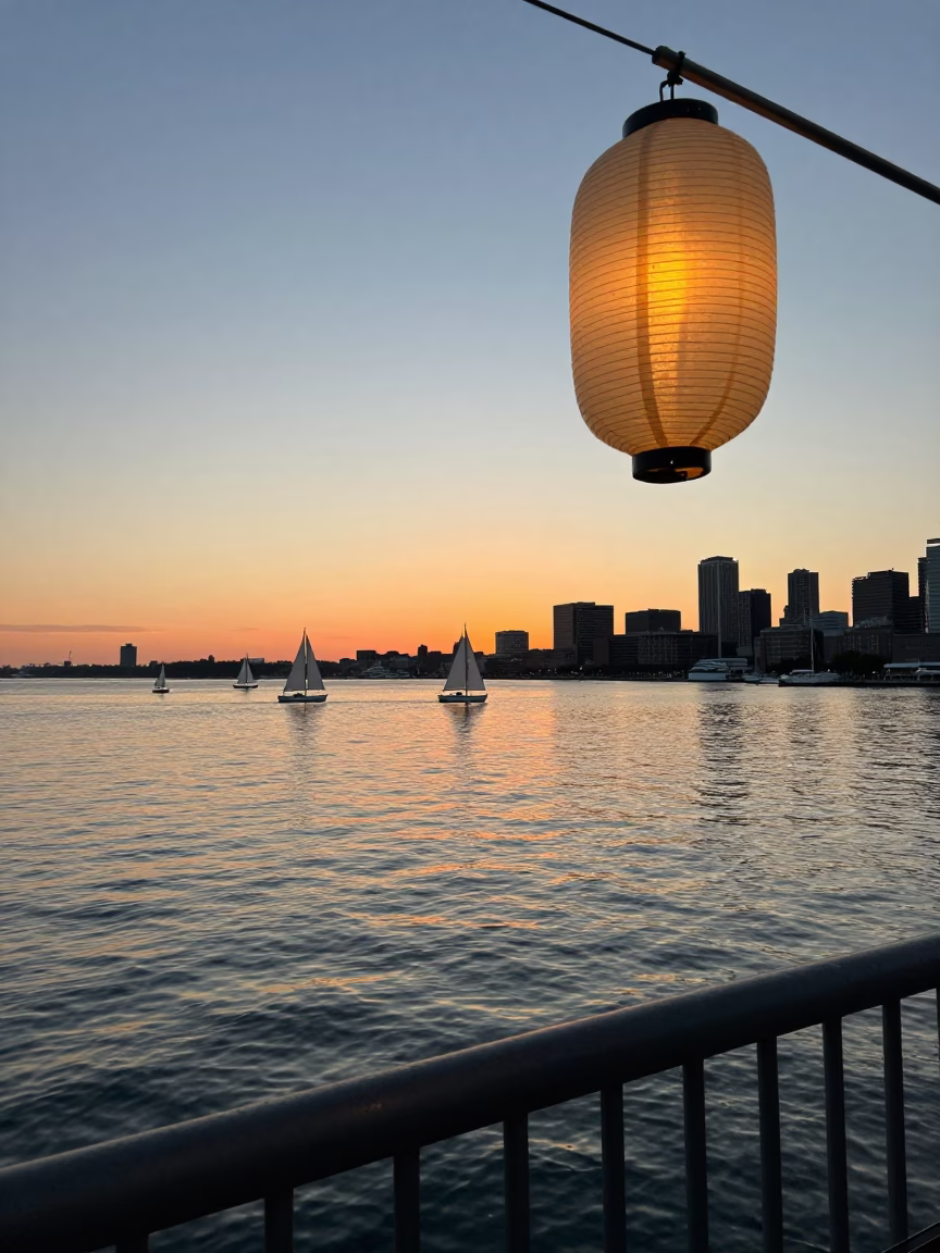 Boston Harbor Sunset with Paper Lanterns and Sailboats in in Boston, Massachusetts, United States