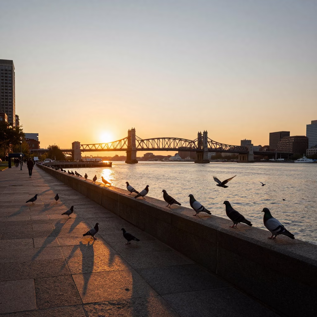 Boston Harbor Sunset with Pigeons and Historic Drawbridge Architecture in in Boston, Massachusetts, United States
