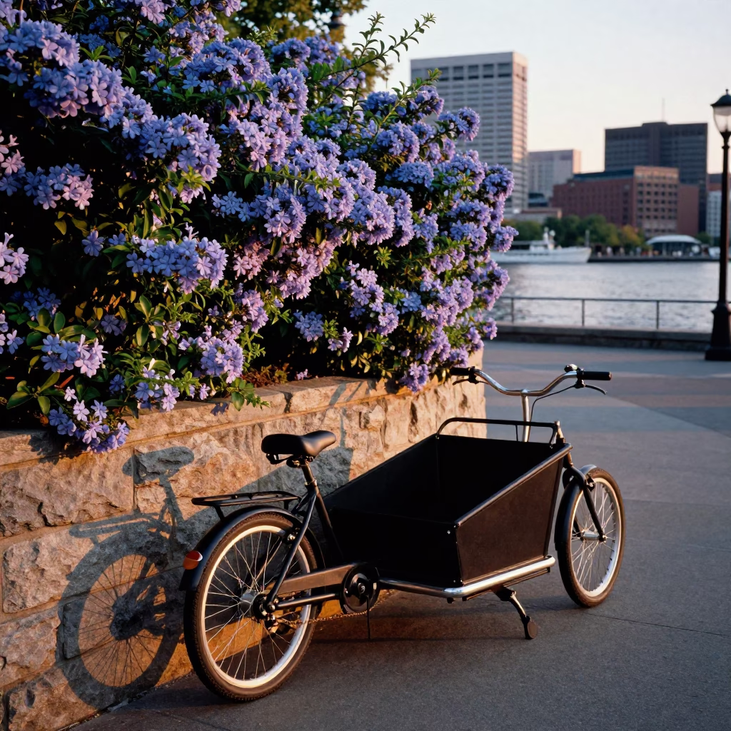 Boston Harbor Sunset with Plumbago Hedge and Cargo Bicycle in in Boston, Massachusetts, United States