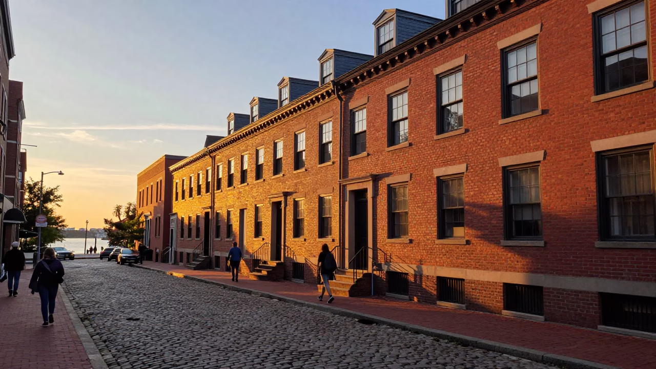 Boston Harbor Sunset with Red Brick Row Houses and Busy Street Life in Massachusetts in in Boston, Massachusetts, United States