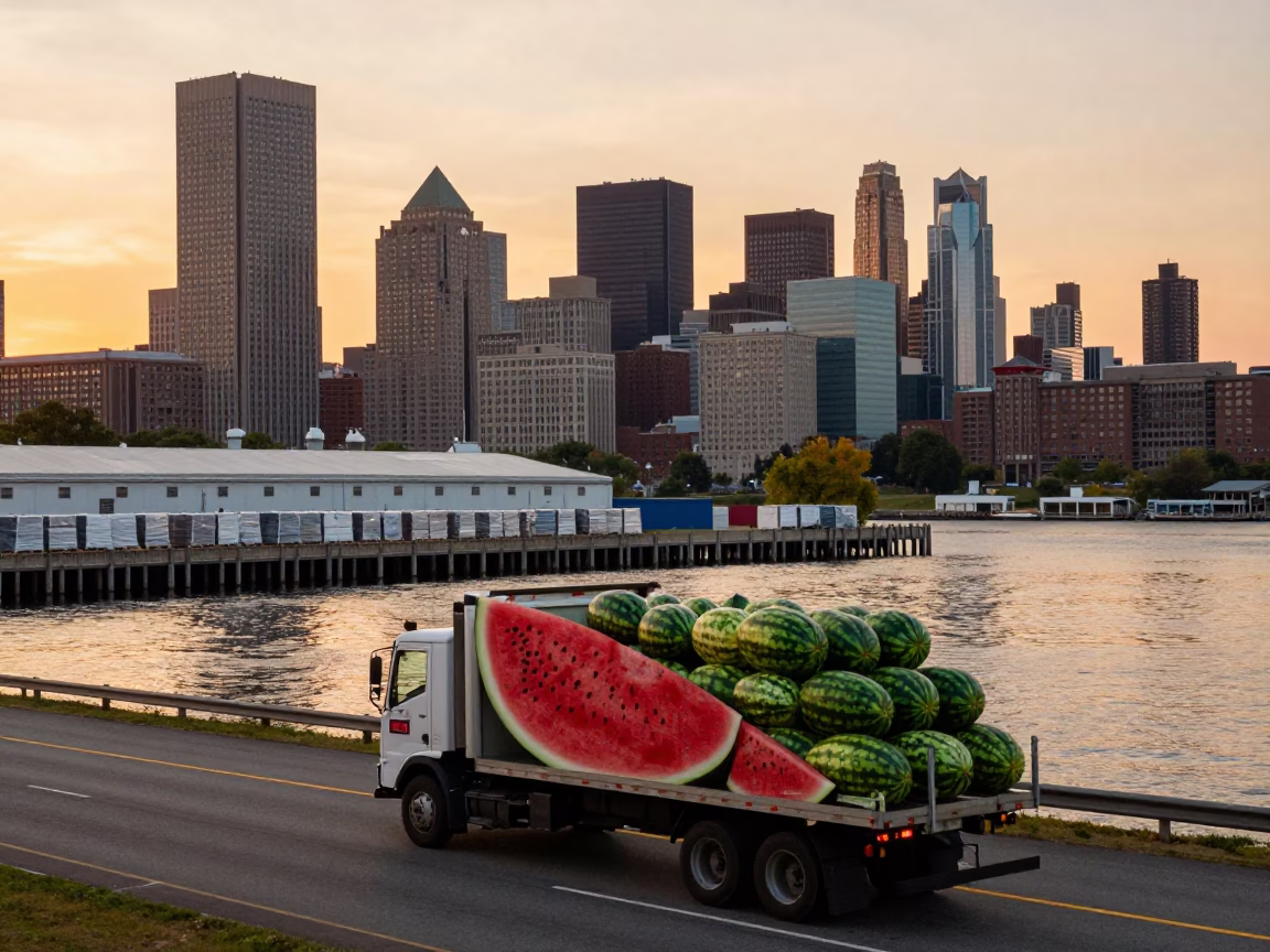 Boston Harbor Sunset with Watermelon Truck on Highway and Preschool Window Art in in Boston, Massachusetts, United States