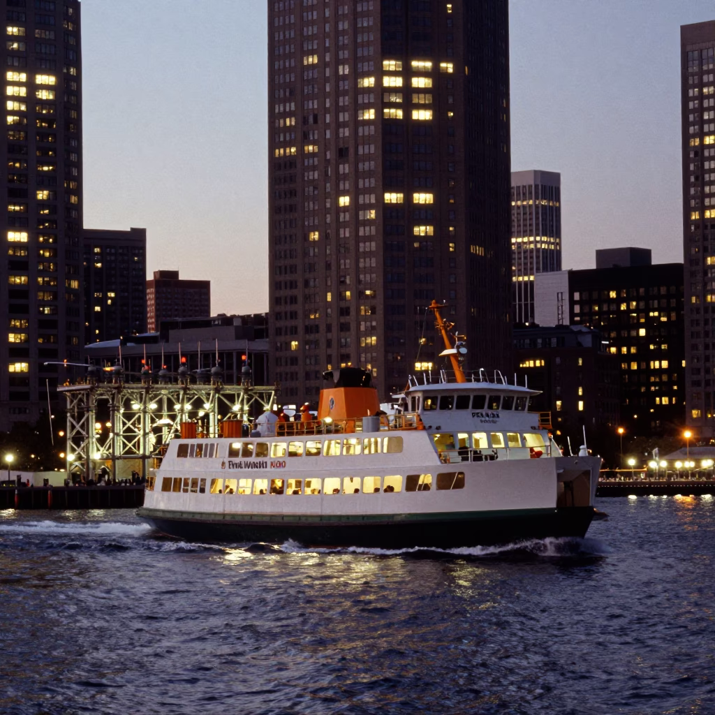 Boston Harbor Twilight Ferry Departure with Lattice Substation and Drawbridge Markings in in Boston, Massachusetts, United States