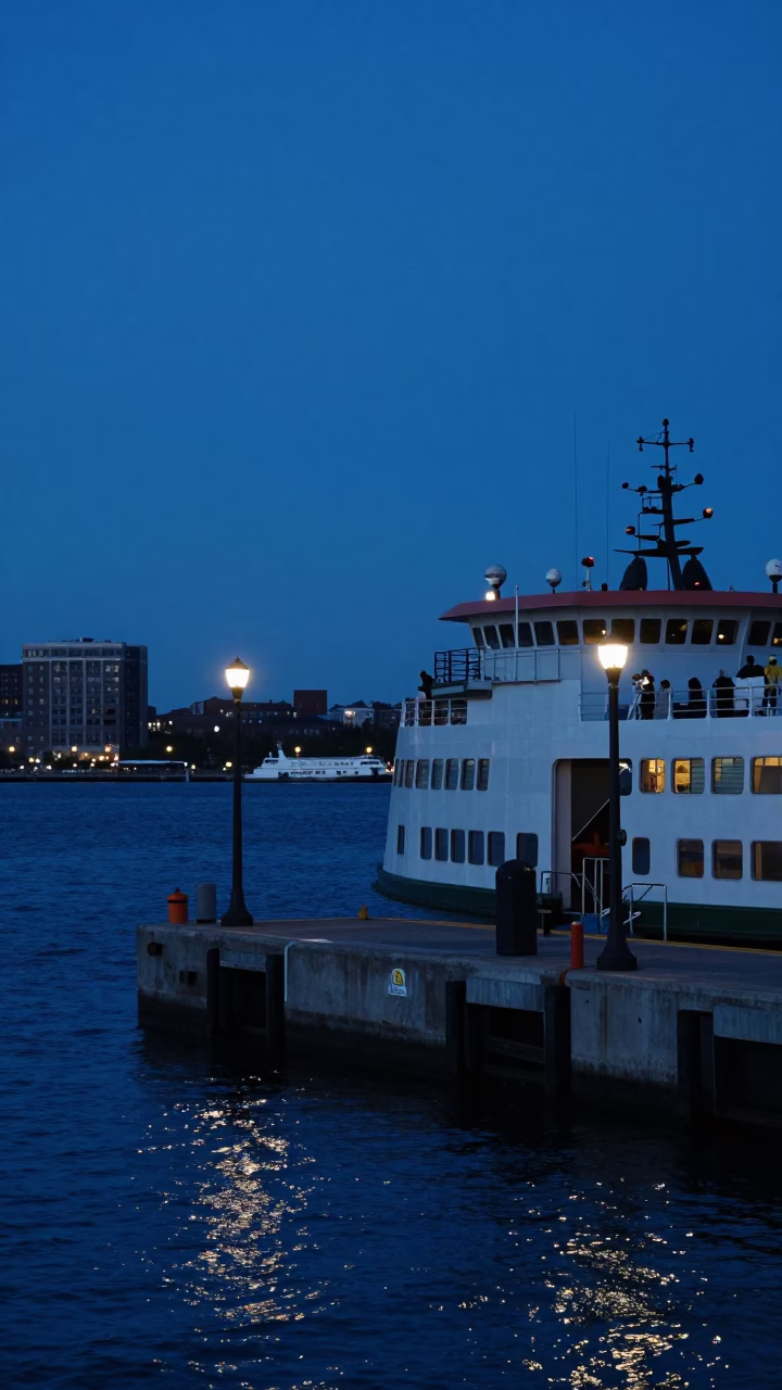 Boston Harbor Twilight Scene with Ferry Ramp and Lanterns in in Boston, Massachusetts, United States