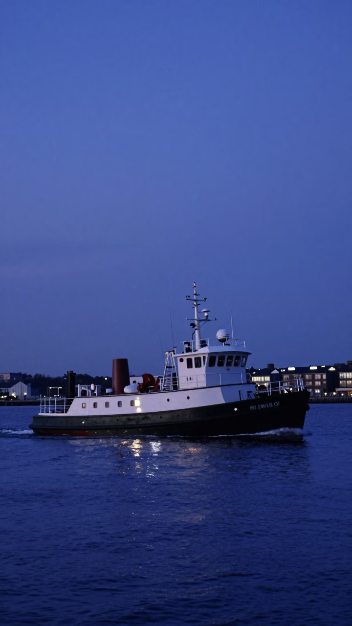 Boston Harbor Twilight Scene with Pilot Boat and Mossy Stone Wall in in Boston, Massachusetts, United States