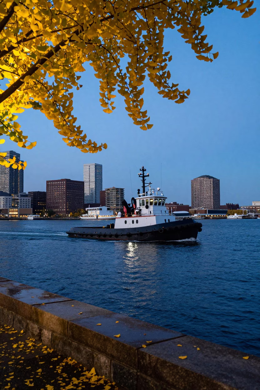 Boston Harbor Twilight Scene with Tugboat and Ginkgo Leaves Falling in in Boston, Massachusetts, United States