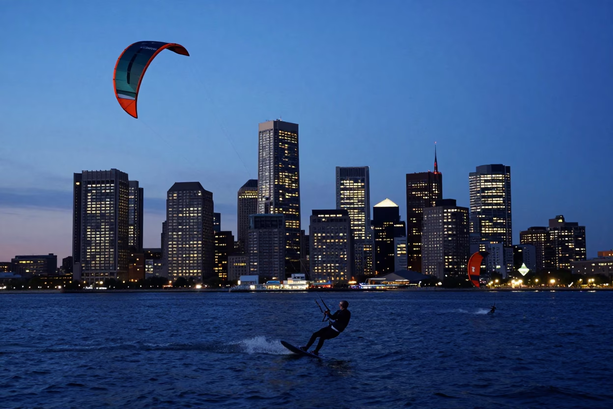 Boston Harbor Twilight View with Kitesurfers and City Skyline in in Boston, Massachusetts, United States