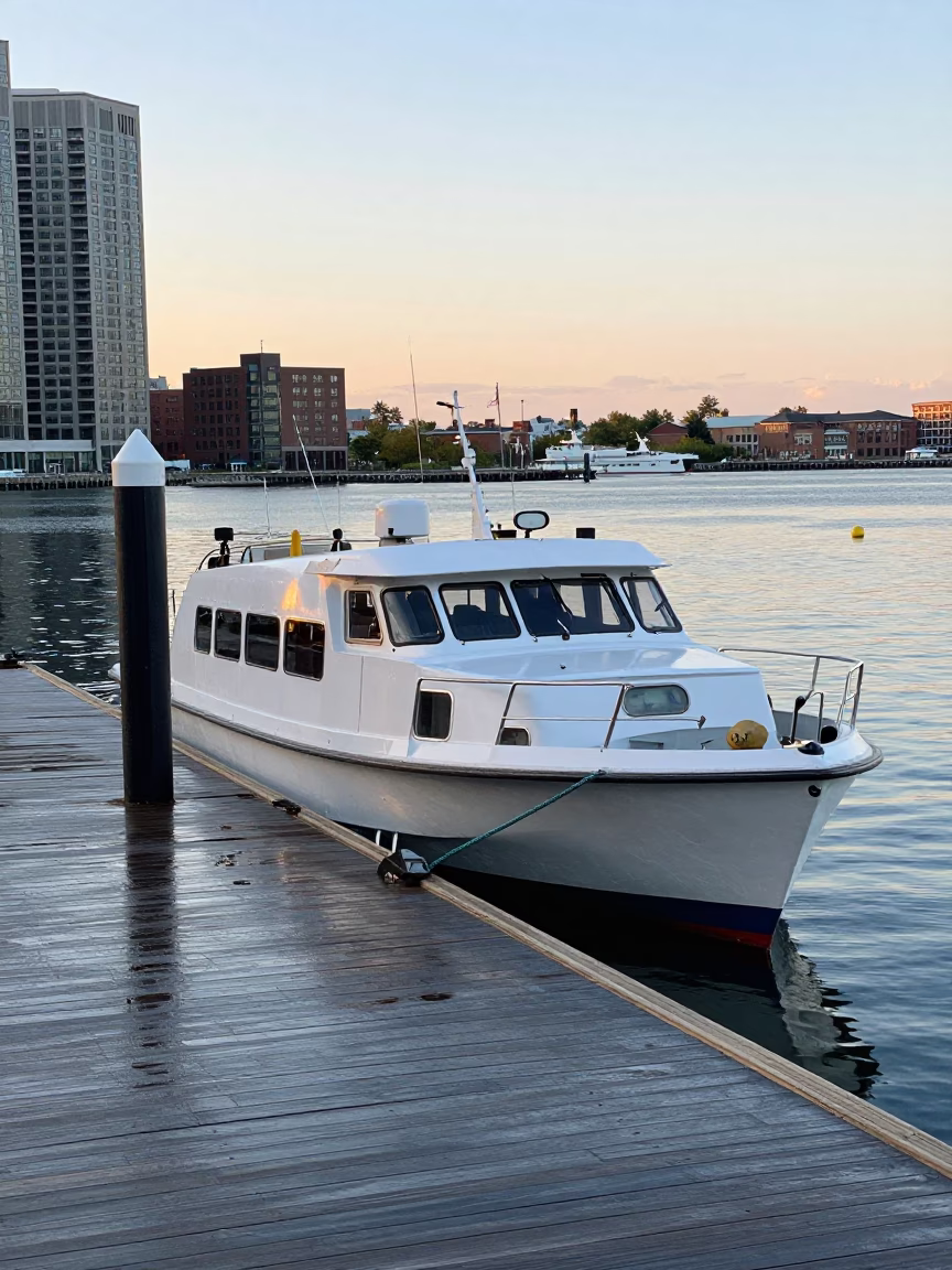 Boston Harbor Water Taxi at Floating Dock During Early Morning First Light in in Boston, Massachusetts, United States