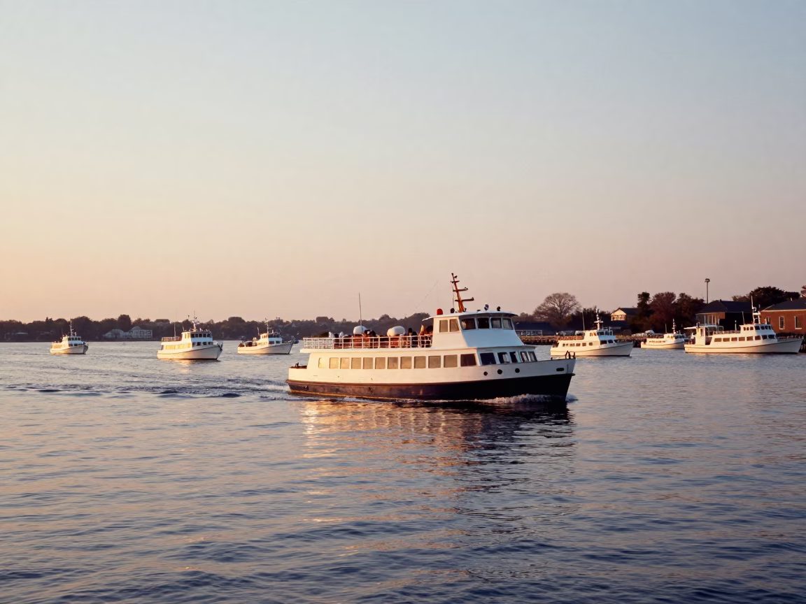Boston Harbor Water Taxi Navigating Early Morning Nautical Dawn Waters Near City Docks in in Boston, Massachusetts, United States