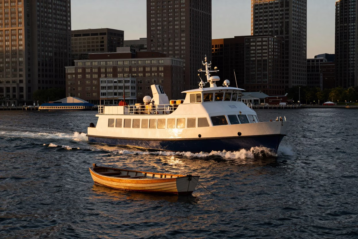 Boston Harbor Water Taxi Navigating Evening Light Near Docked Rowboat in in Boston, Massachusetts, United States