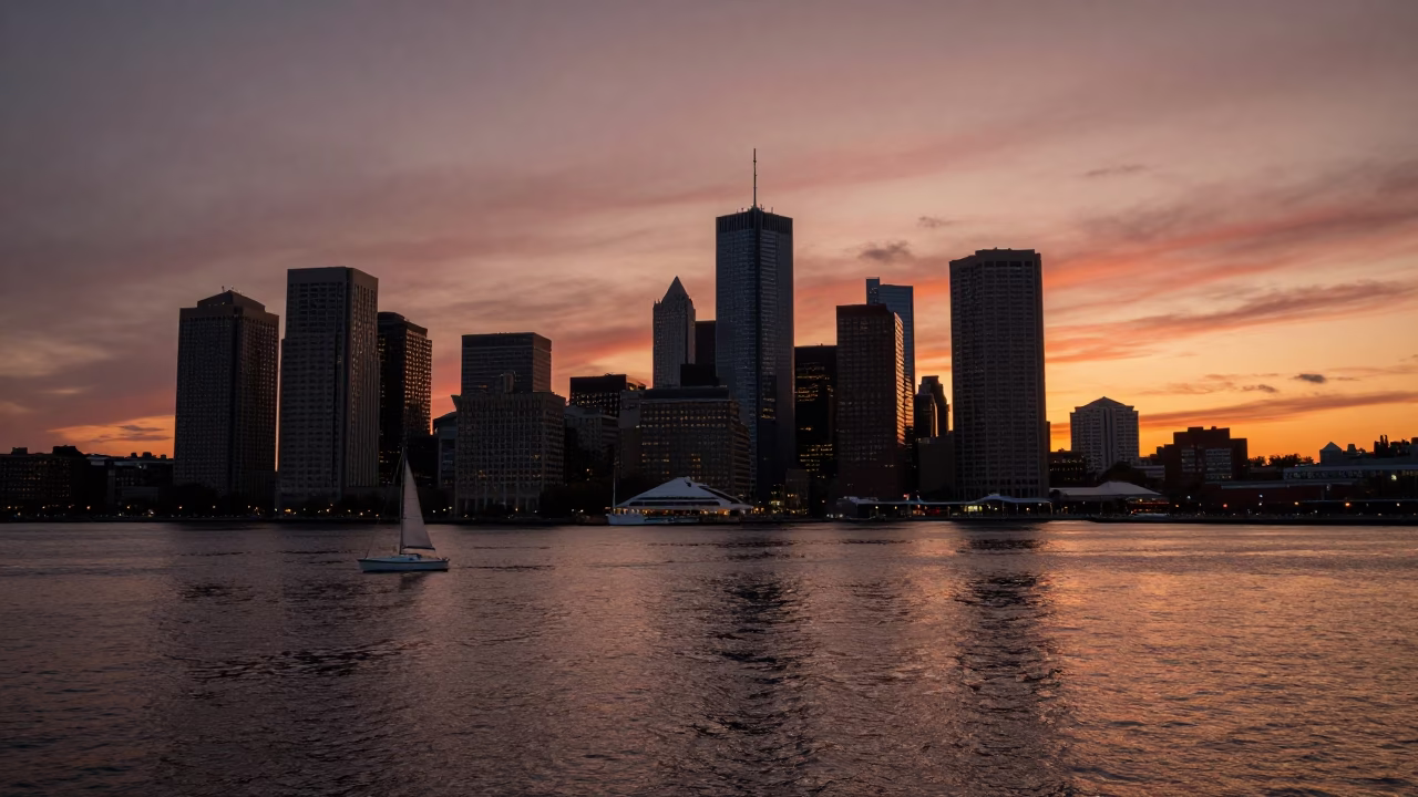 Boston Harbor Waterfront at Dusk with City Skyline and Reflections in in Boston, Massachusetts, United States
