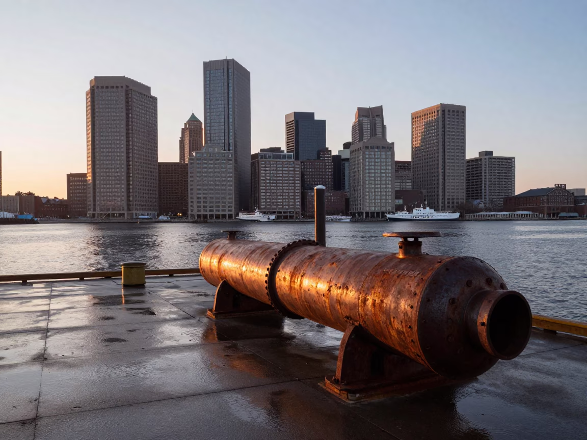 Boston Harbor Waterfront Dawn Light on Historic Maritime Equipment and Urban Skyline in in Boston, Massachusetts, United States