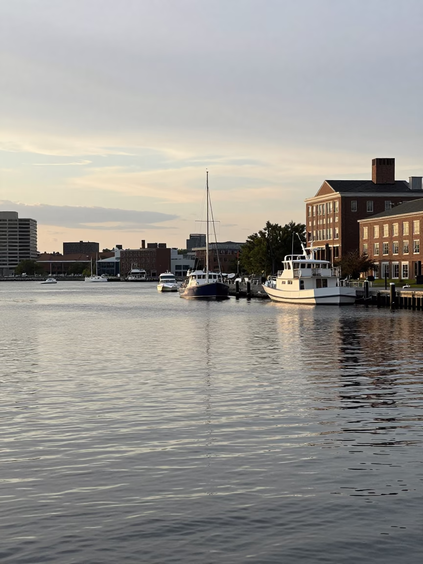 Boston Harbor Waterfront Early Afternoon with Docked Boats and City Skyline in in Boston, Massachusetts, United States