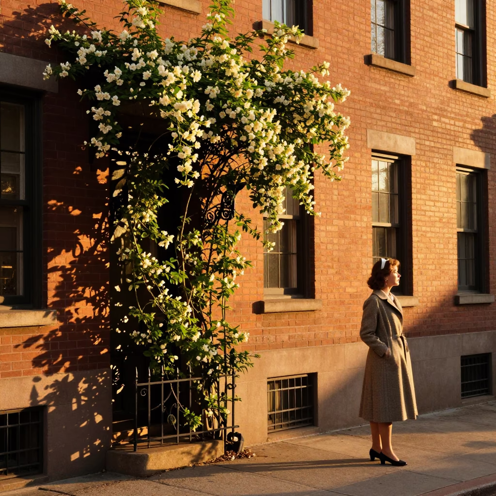 Boston Honeyed Evening Light Street Scene with Climbing Jasmine and Urban Life in in Boston, Massachusetts, United States