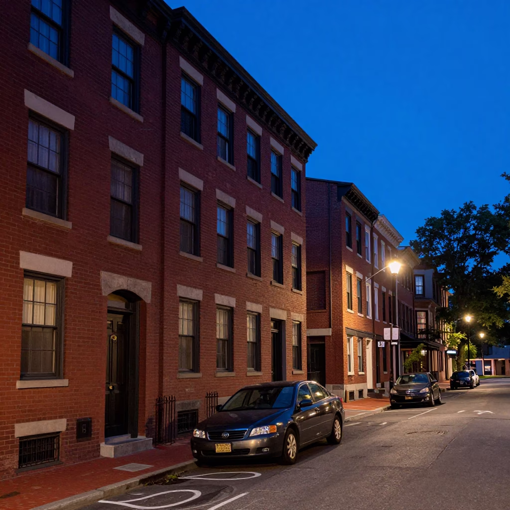 Boston indigo twilight street scene with brick buildings and parked cars in in Boston, Massachusetts, United States