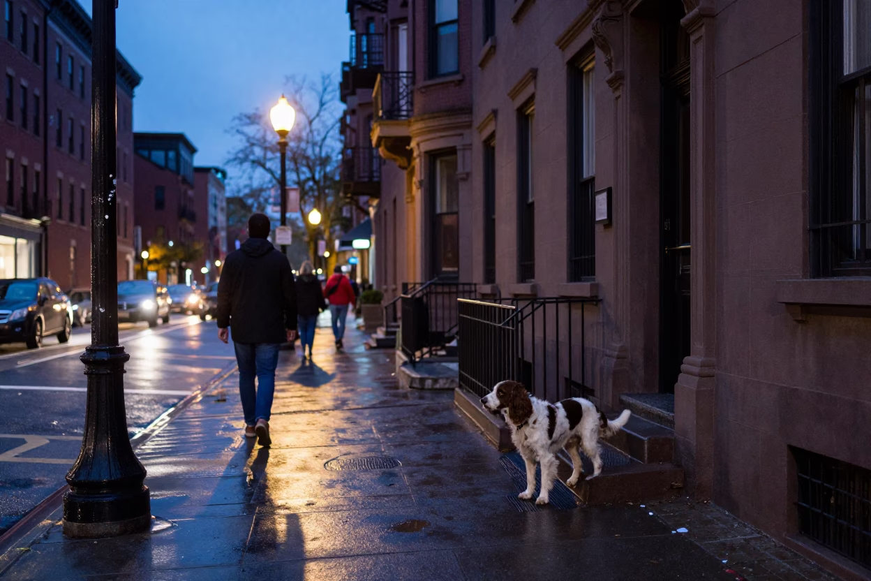 Boston Indigo Twilight Street Scene with Clumber Spaniel and Urban Details in in Boston, Massachusetts, United States
