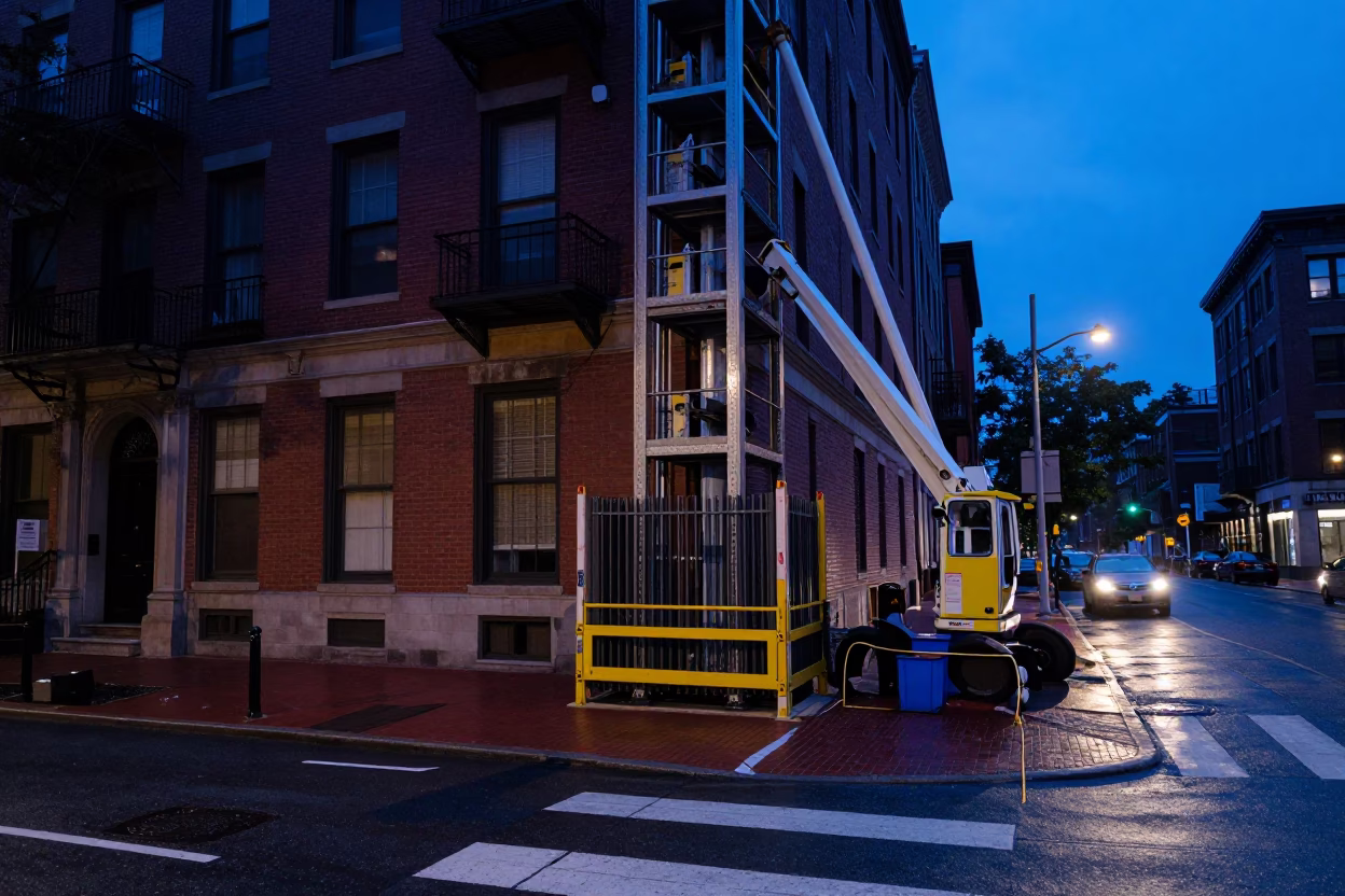 Boston Indigo Twilight Street Scene with Construction Elevator and Winter Frost in in Boston, Massachusetts, United States