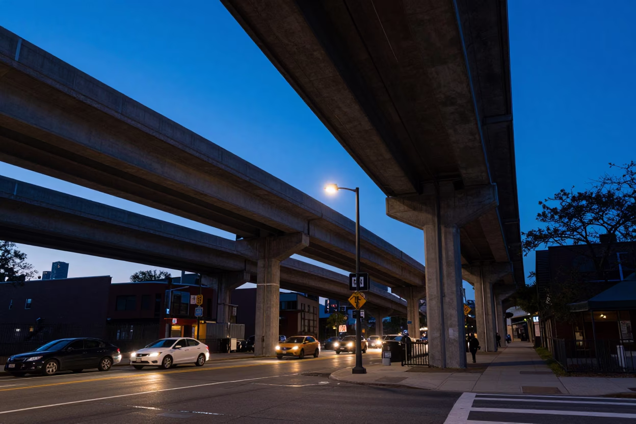 Boston Indigo Twilight Street Scene with Highway Flyover Stack and Brass Bucket in in Boston, Massachusetts, United States