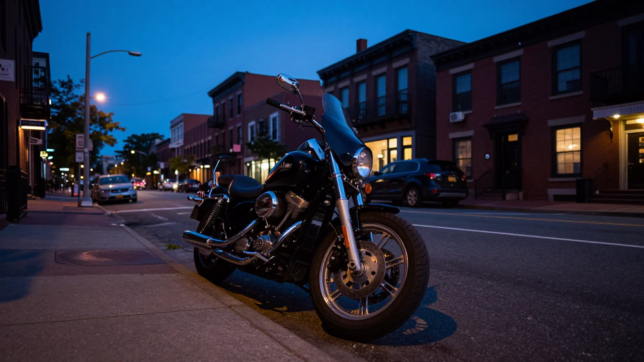 Boston indigo twilight street scene with parked motorcycle and brick architecture in in Boston, Massachusetts, United States