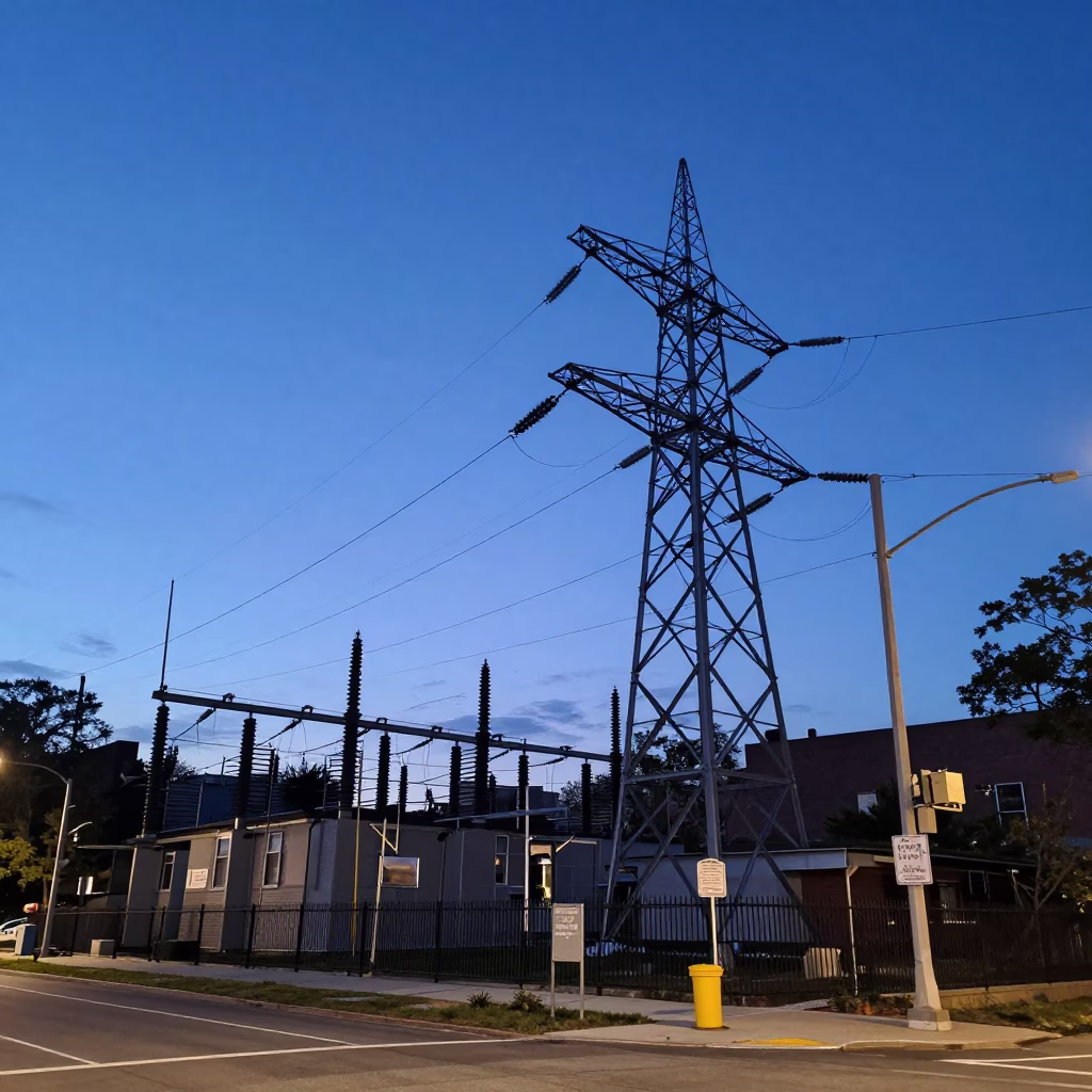 Boston indigo twilight street scene with power substation lattice and urban construction in in Boston, Massachusetts, United States