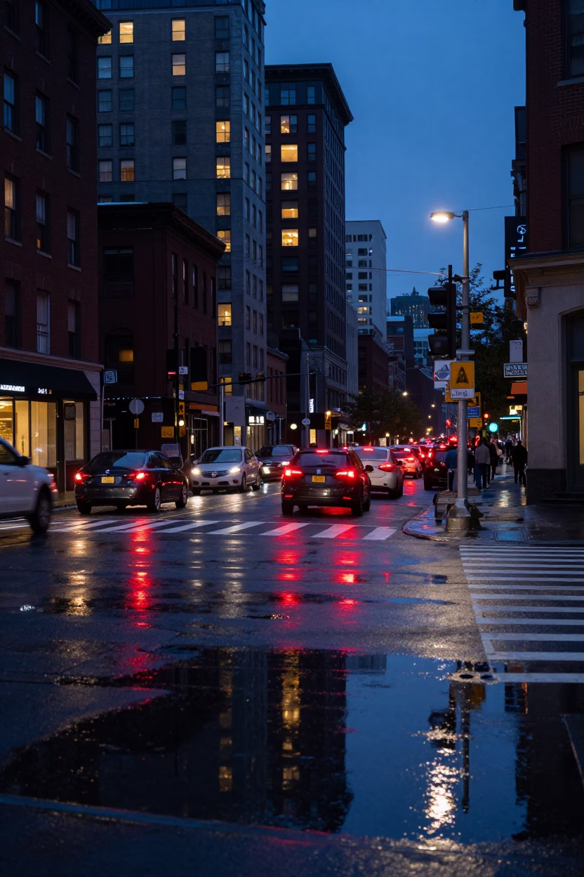 Boston Indigo Twilight Street Scene with Puddle Reflections and Hotel Windows in in Boston, Massachusetts, United States