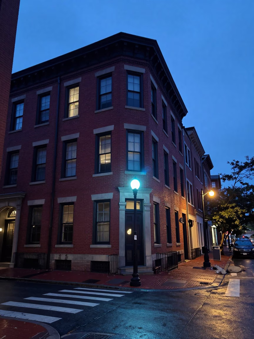 Boston Indigo Twilight Street Scene with Red Brick Architecture and Urban Life in in Boston, Massachusetts, United States