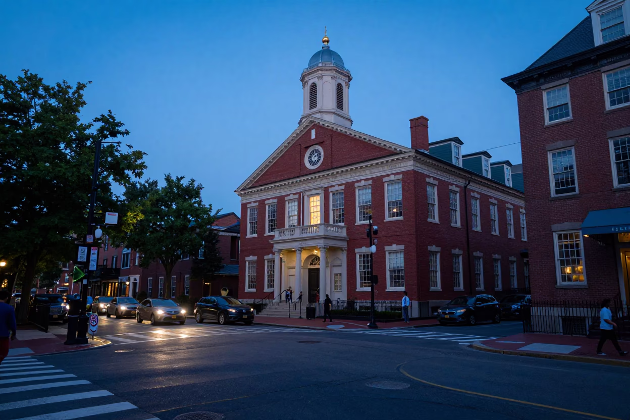 Boston Indigo Twilight Street Scene with Red Brick Lecture Building and Bicycle Rack in in Boston, Massachusetts, United States