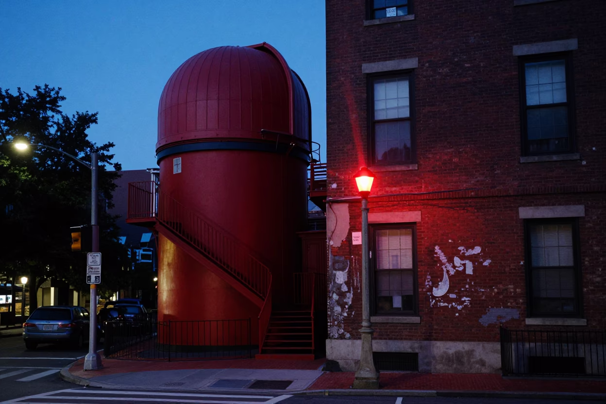 Boston indigo twilight street scene with red observatory stairwell lights and brass coffee pot in in Boston, Massachusetts, United States