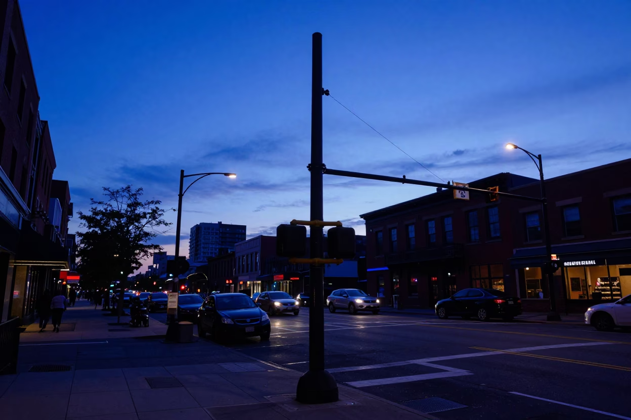 Boston Indigo Twilight Street Scene with Signal Gantry and Rail Lines in in Boston, Massachusetts, United States