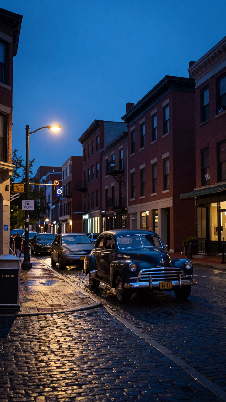 Boston indigo twilight street scene with vintage cars and brick architecture in in Boston, Massachusetts, United States