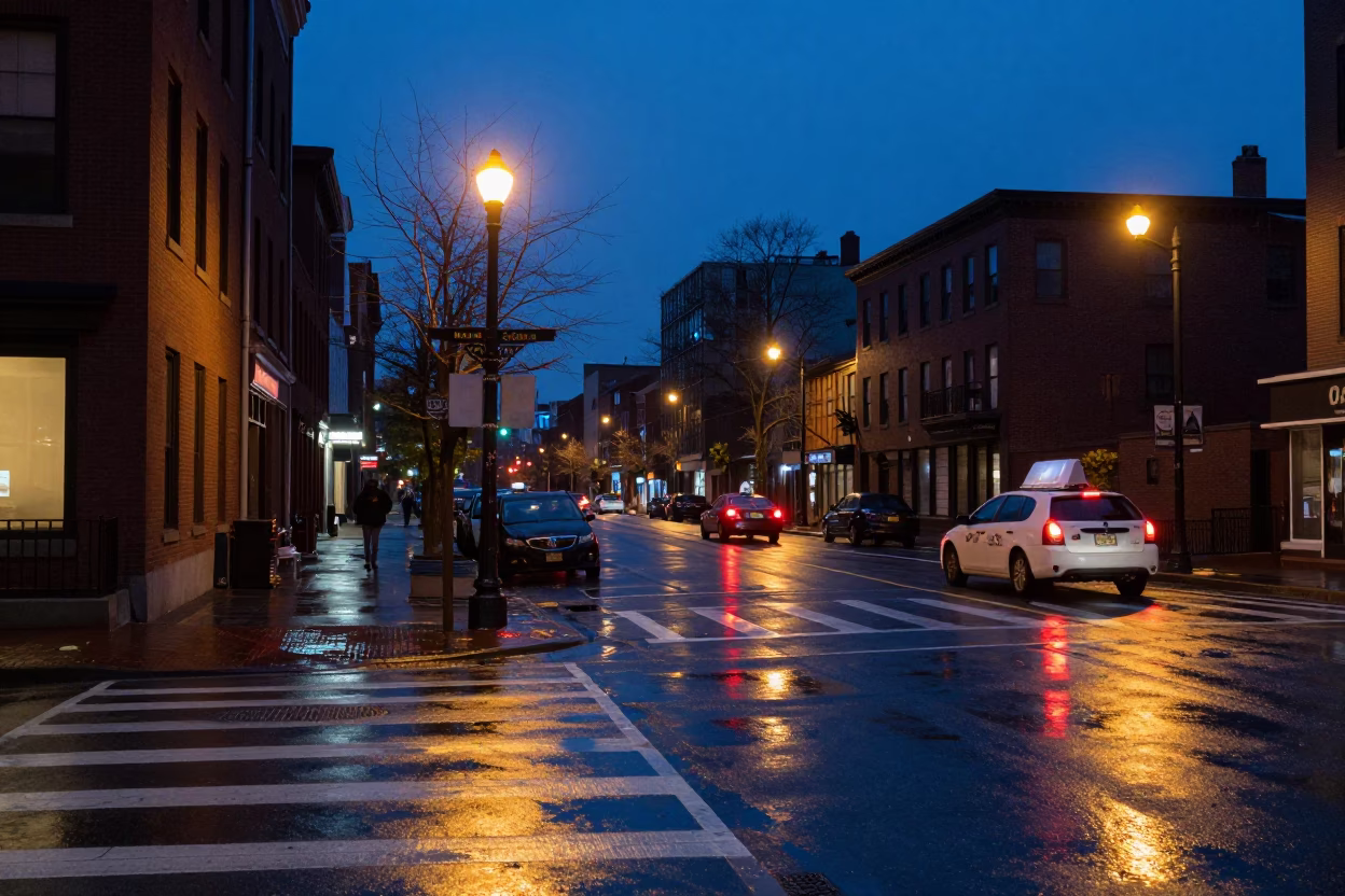 Boston indigo twilight street scene with wet pavement reflections and city lights in in Boston, Massachusetts, United States