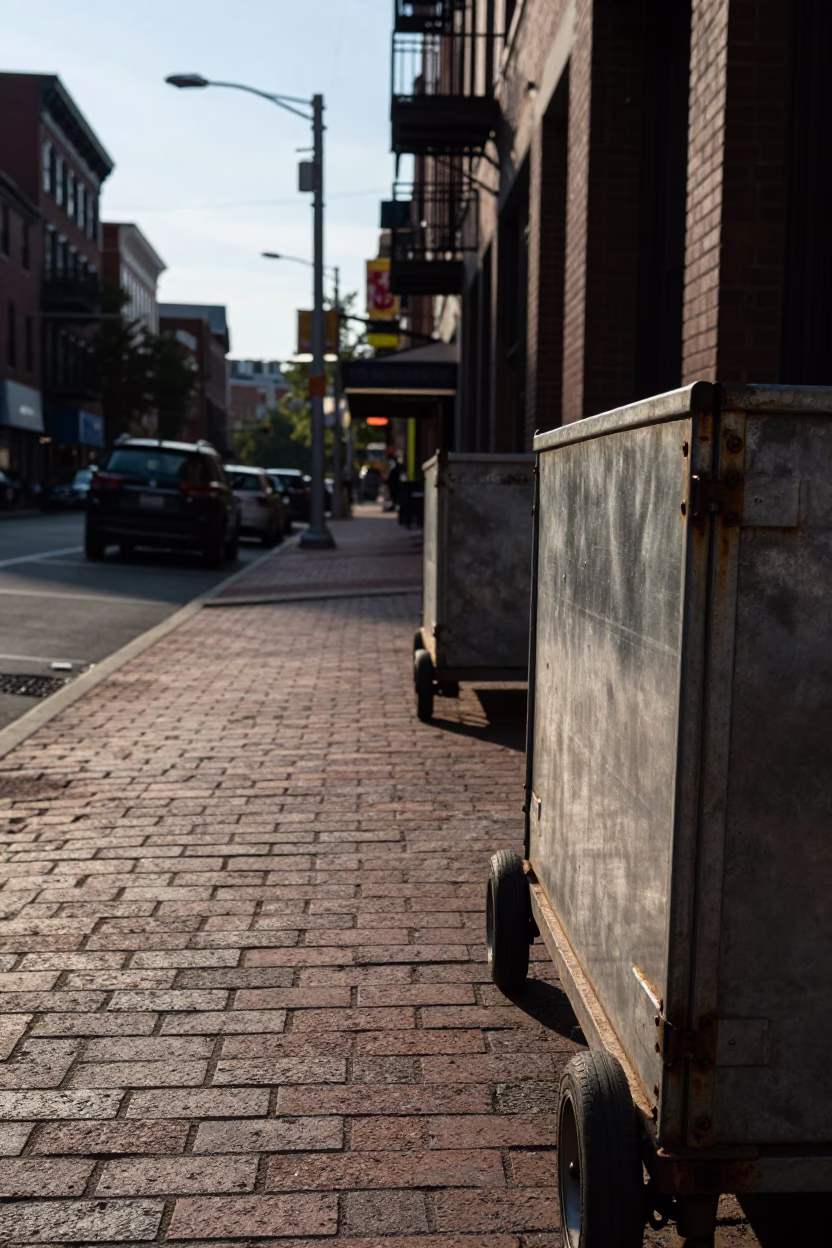 Boston Late Afternoon Street Scene with Rolling Carts and Rusty Hinges in in Boston, Massachusetts, United States