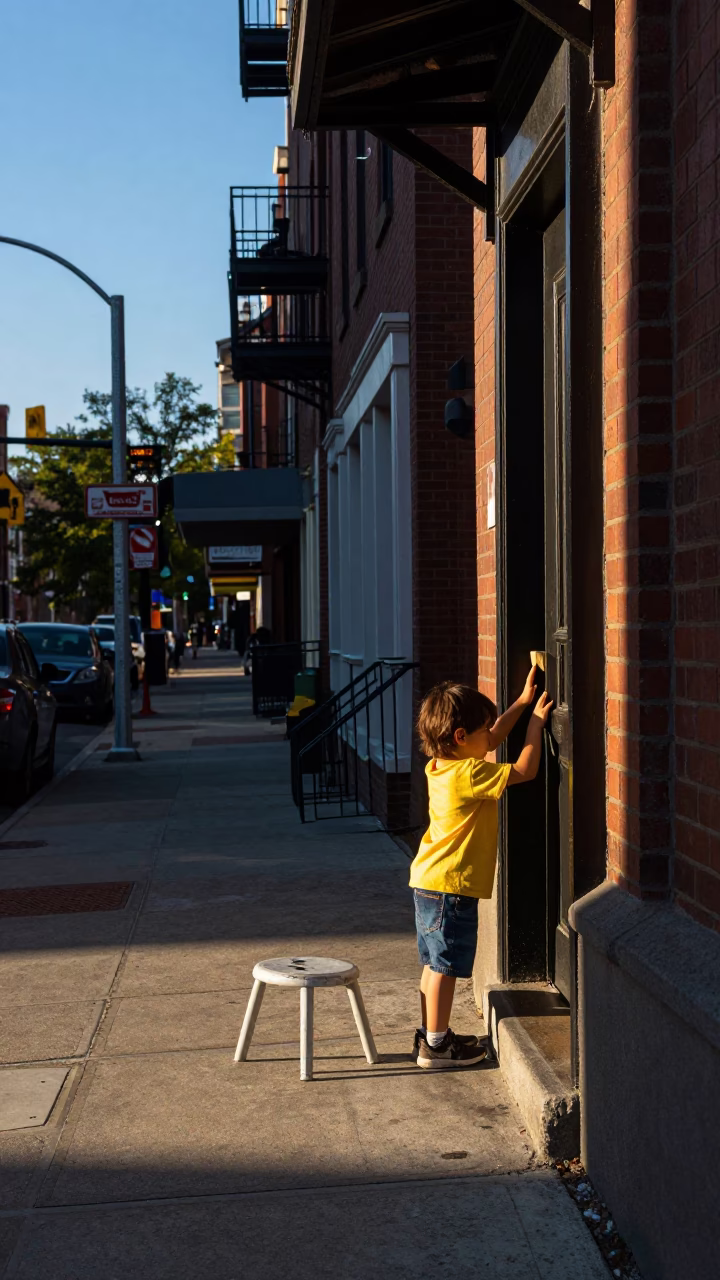 Boston Late Afternoon Street Scene with Tissue Paper Suns and Kitchen Stool in in Boston, Massachusetts, United States