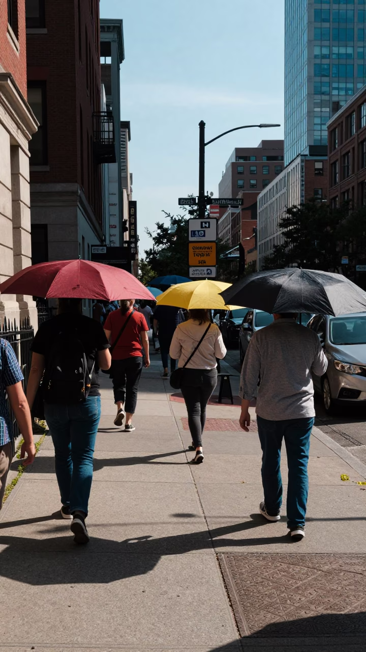 Boston Late Afternoon Street Scene with Umbrellas and City Architecture in in Boston, Massachusetts, United States