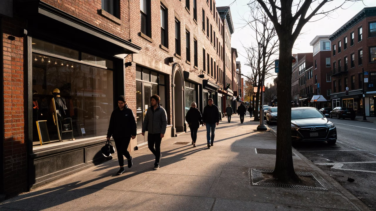 Boston Late Morning Street Scene with Brick Architecture and Pedestrians in in Boston, Massachusetts, United States