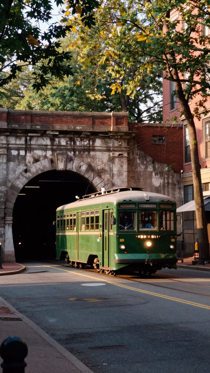 Boston Late Morning Street Scene with Trolley Car and Urban Infrastructure Details in in Boston, Massachusetts, United States