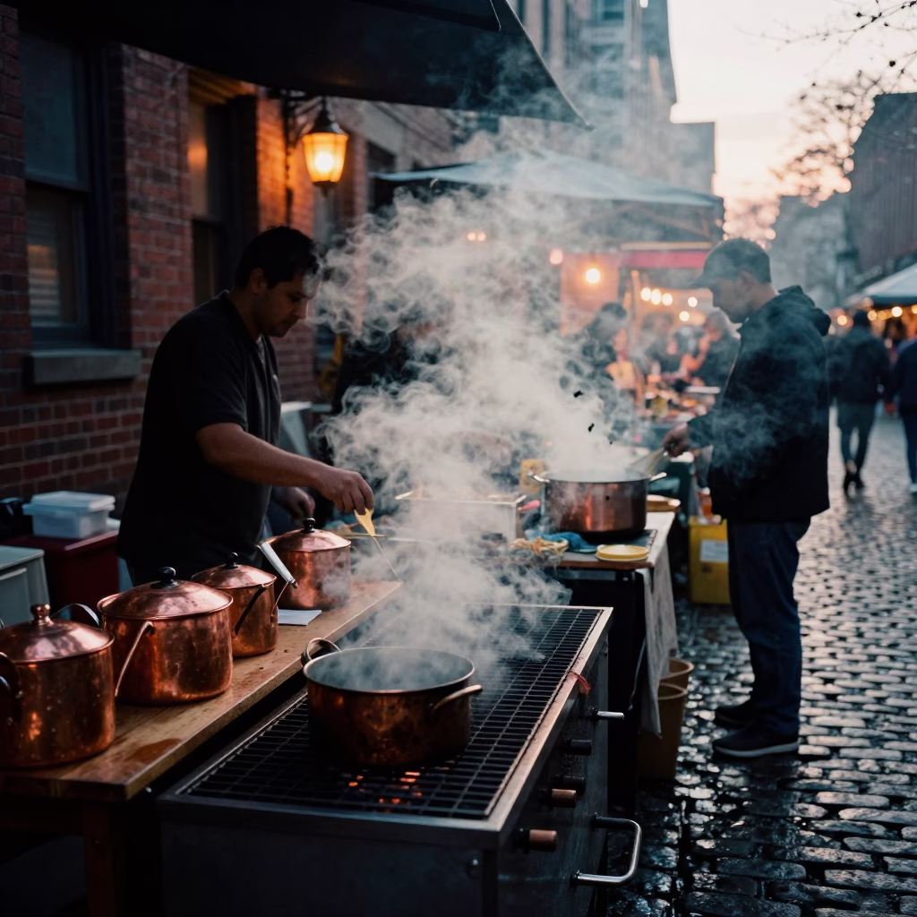 Boston Market Lane Steam at Dusk Silhouette in in a flea market lane in Boston