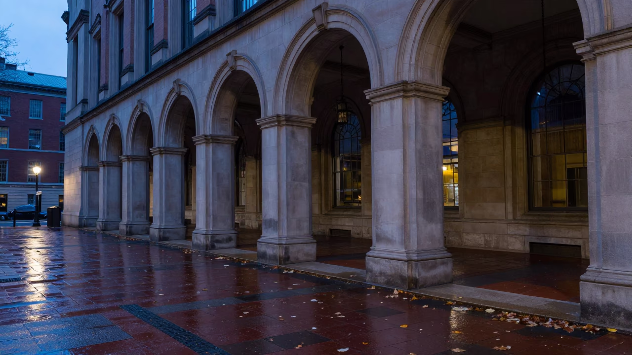 Boston Massachusetts Blue Hour University Arcade Wet Leaves Street Photography in in Boston, Massachusetts, United States
