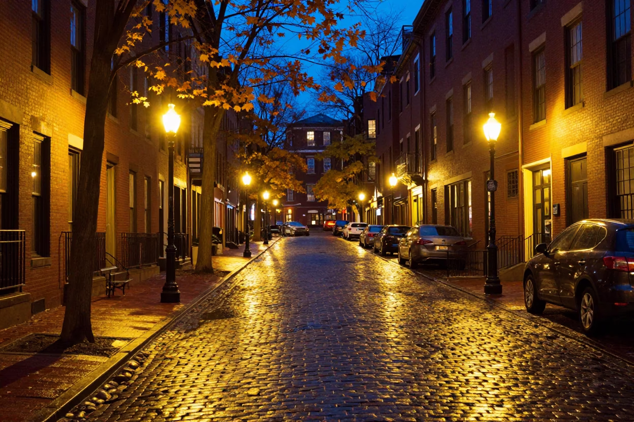 Boston Massachusetts City Lights Glow Over Cobblestone Street and Autumn Leaf Shadows in in Boston, Massachusetts, United States