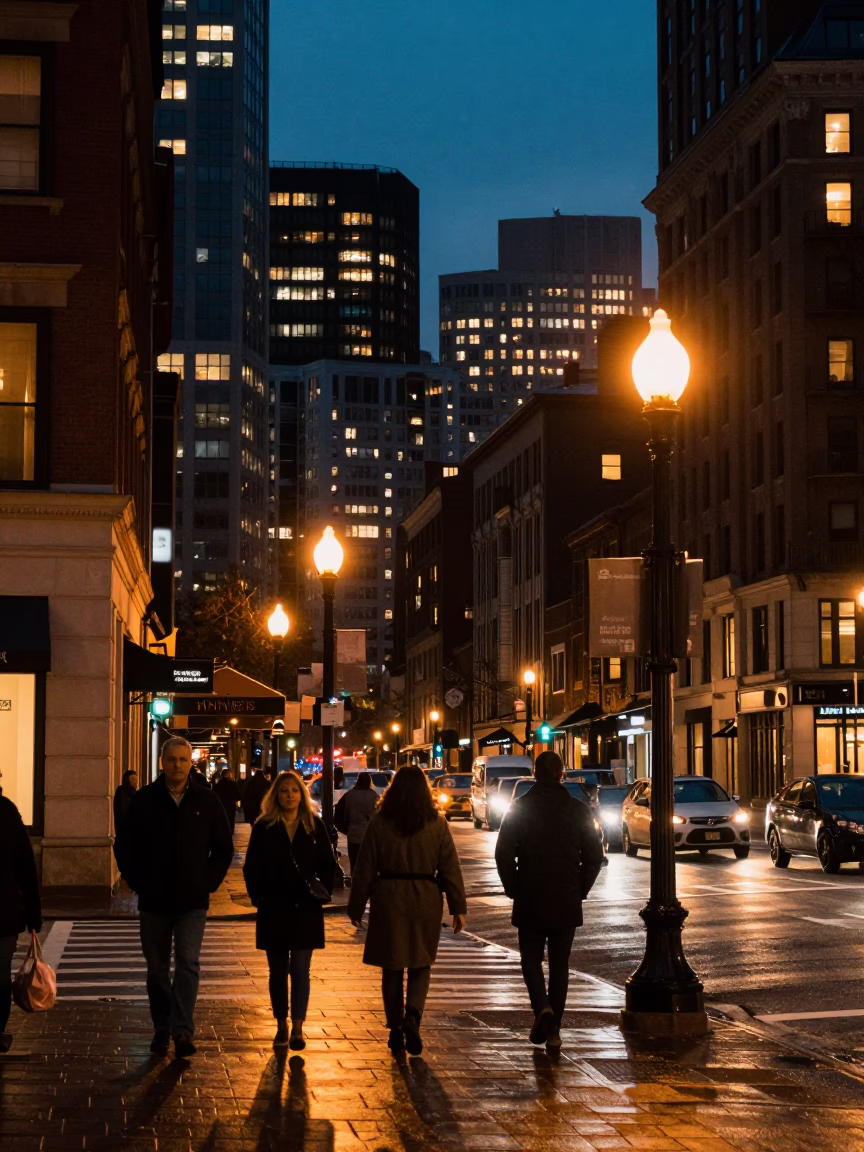 Boston Massachusetts City Lights Glow Over Downtown Street Scene at Dusk in in Boston, Massachusetts, United States